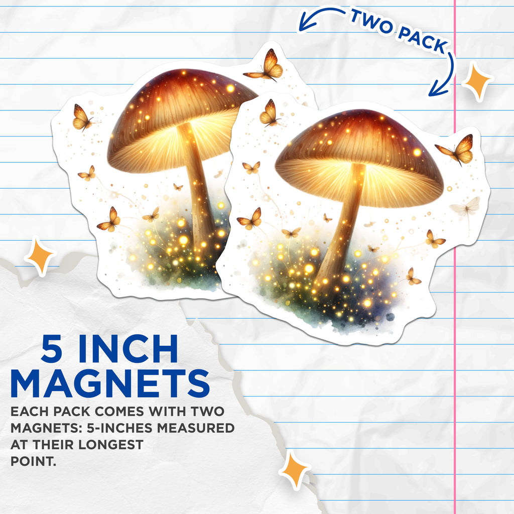 (2 Pack) Glowing Mushroom Magnets - Enchanted Forest Decor - Woodland Butterfly Art - Whimsical Fairycore Magnet - 5 Inches On Longest Side - Thick Durable Magnet - Made in USA - MAG38231
