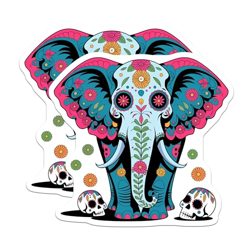 (2 Pack) Elephant Sugar Skull Stickers - Day of The Dead - Colorful Floral Design - 5" On Longest Side - Sticks to Smooth Flat Surfaces - Made in USA - BMCS9464