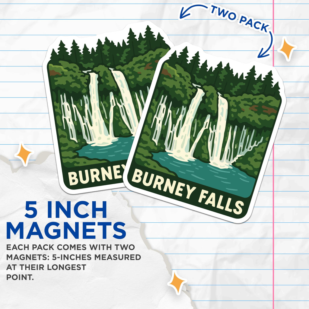 (2 Pack) Burney Falls Magnets - California Scenic Waterfall - Lush Forest Landscape - Outdoor Nature Adventure Souvenir Art - 5 Inches On Longest Side - Thick Durable Magnet - Made in USA - MAG19500