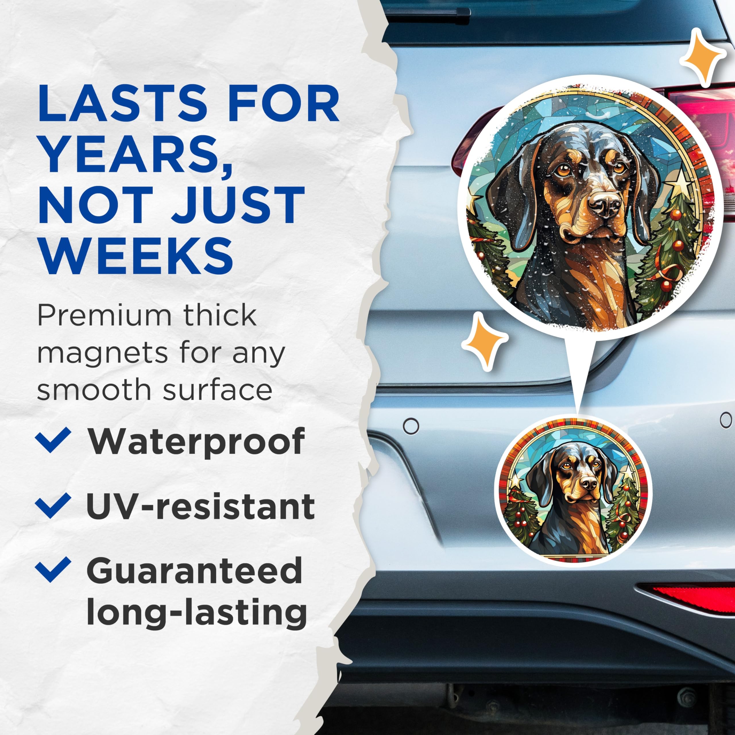 (2 Pack) Stained Glass Dachshund Magnets - Christmas Dog Decor - Pet Lover Fridge Art - 5 Inches On Longest Side - Thick Durable Magnet - Made in USA - MAG28679