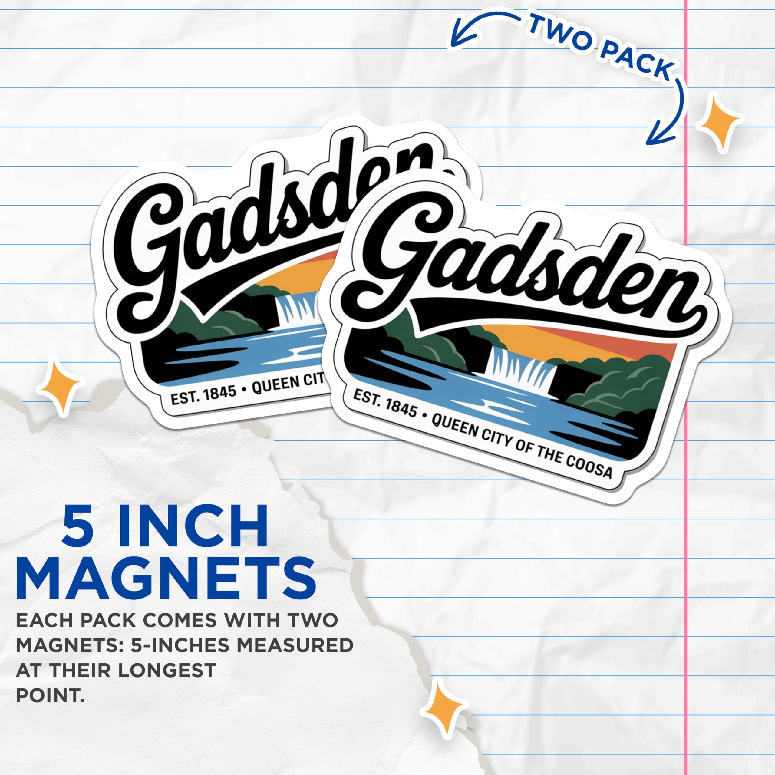 (2 Pack) Gadsden Alabama Magnets - Queen City of The Coosa - Travel Souvenir Magnet - 5" On Longest Side - Premium Magnet - for Cars, Refrigerators, Toolboxes, Lockers - Made in USA - MAG17989