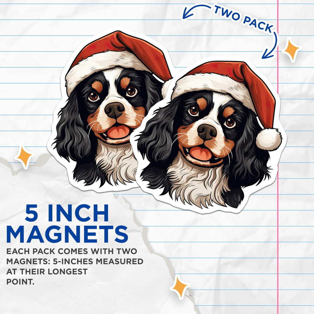 (2 Pack) Cavalier Christmas Magnets - Santa Hat Dog - Holiday Pet Decor - 5 Inches On Longest Side - Thick Durable Magnet - Made in USA - MAG28399
