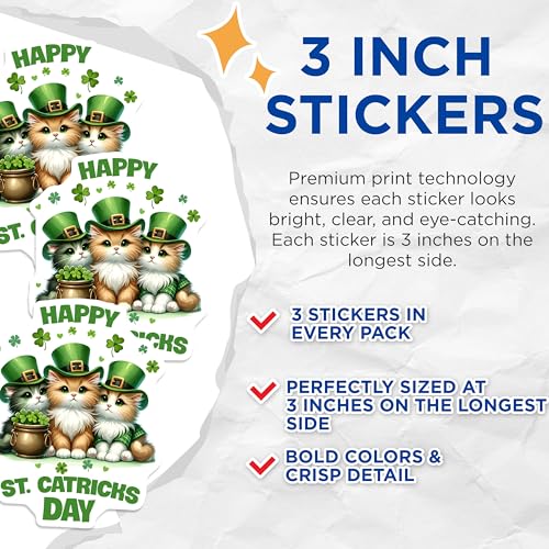 (3 Pack) St Catricks Day Decals - Irish Cat - Saint Patricks Day - 3 Inches On Longest Side - Easy Peel & Apply - Made in USA - 3MCS6871