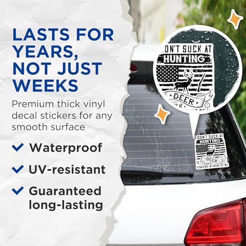 (2 Pack) Funny Hunting Stickers - Deer Hunting Decal - Outdoor Adventure Stickers for Hunters - 5" On Longest Side - Sticks to Smooth Flat Surfaces - Made in USA - BMCS4093
