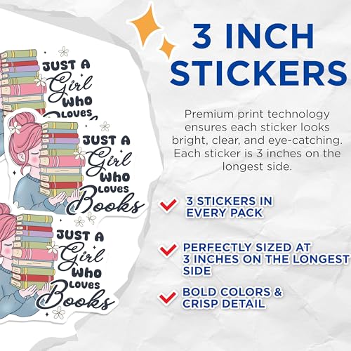(3 Pack) Just A Girl Who Loves Books Decals - Book Lover Sticker - Laptop Decal Stickers- 3 Inches On Longest Side - Easy Peel & Apply - Made in USA - 3MCS5648