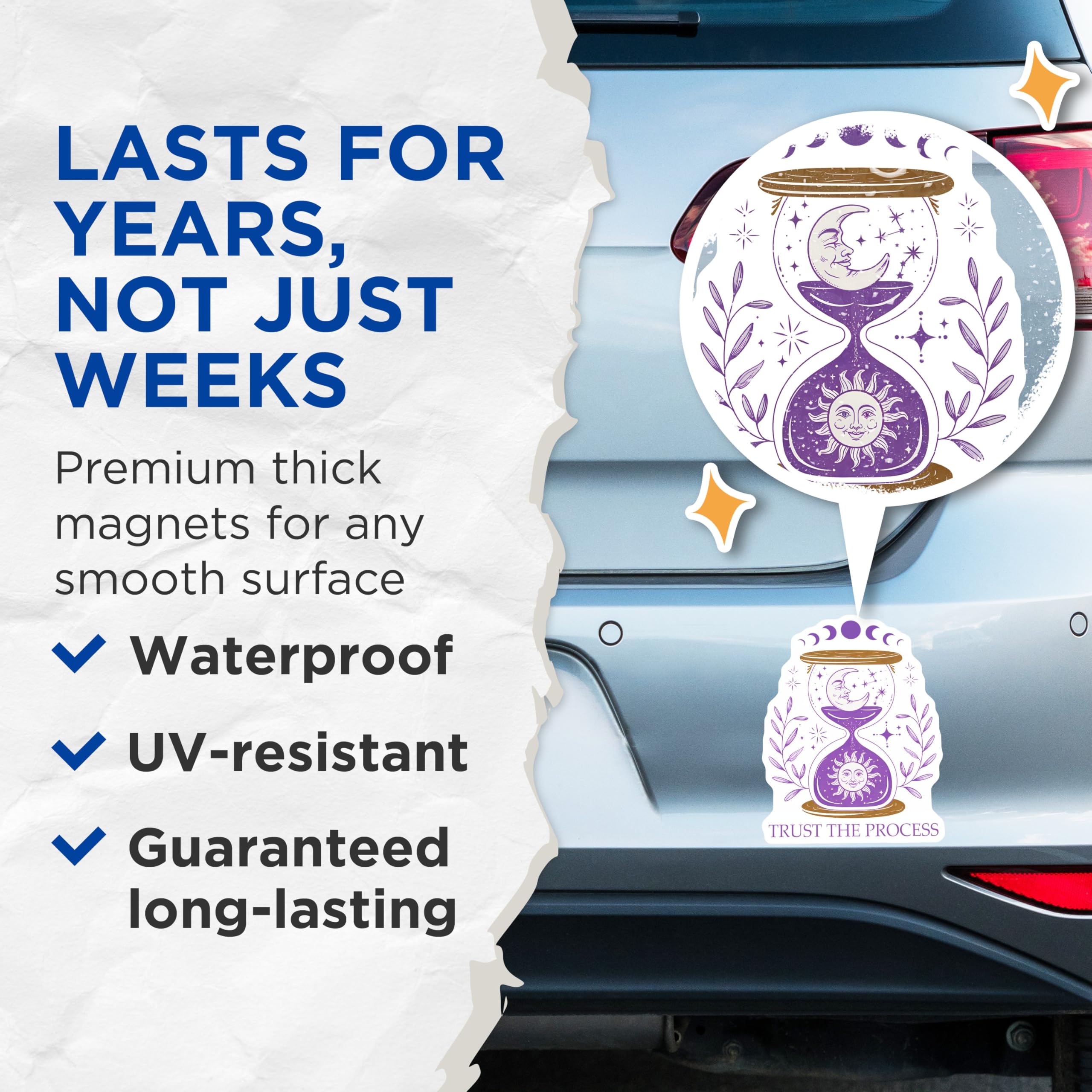 (2 Pack) Trust The Process Magnets - Hourglass Moon Sun - Celestial Refrigerator Decor - 5" On Longest Side - Premium Magnet - for Cars, Refrigerators, Toolboxes, Lockers - Made in USA - MAG17141