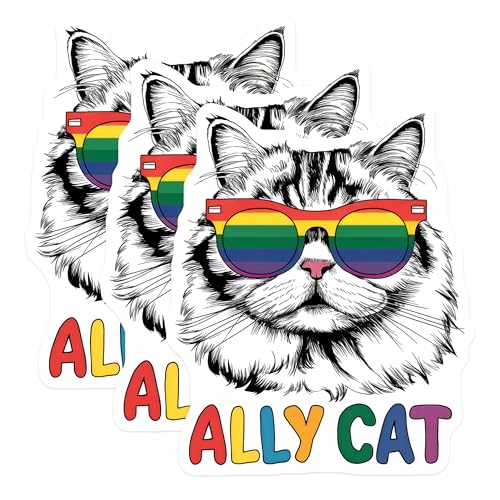 (3 Pack) Ally Cat Decals - LGBTQ Pride Decal - Rainbow Sunglasses Decal - 3 Inches On Longest Side - Easy Peel & Apply - Made in USA - 3MCS8310