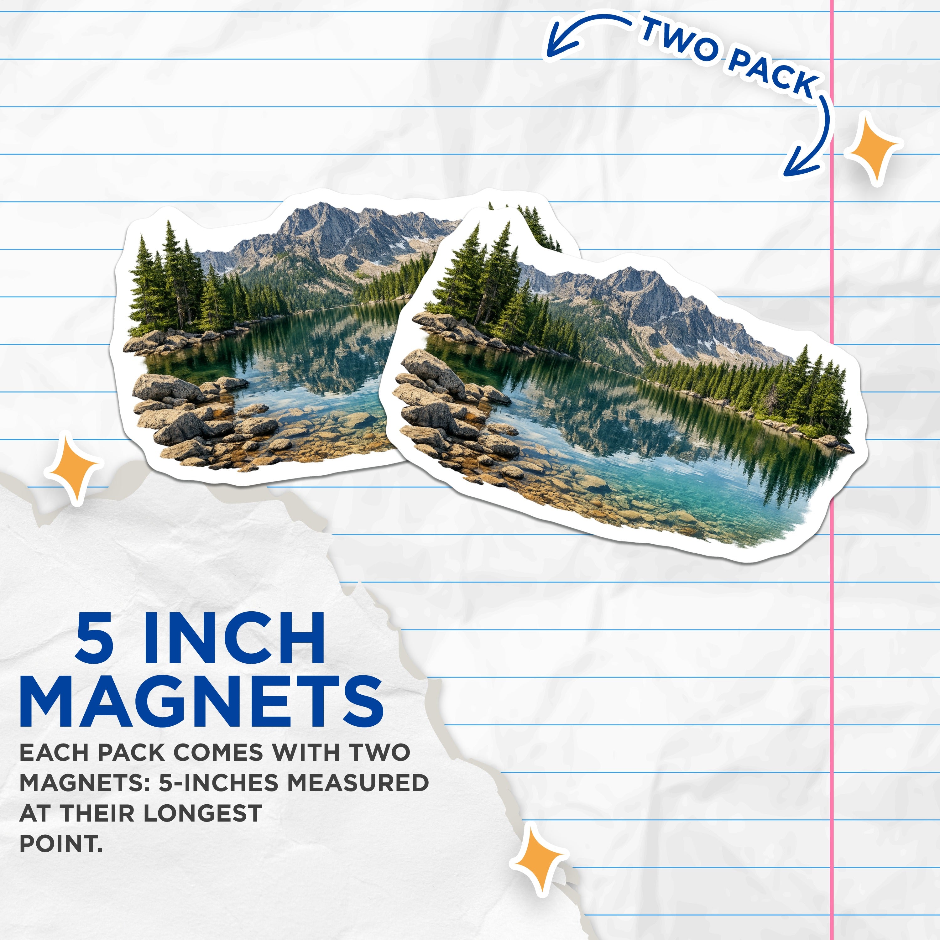 (2 Pack) Mountain Lake Magnets - Scenic Alpine Landscape Decor - Pine Forest Wilderness - Outdoorsy Refrigerator Accent - 5 Inches On Longest Side - Thick Durable Magnet - Made in USA - MAG37897