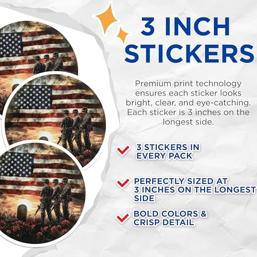 (3 Pack) Military Memorial Decals - American Flag Decal - Patriotic Decals for Laptop - 3 Inches On Longest Side - Easy Peel & Apply - Made in USA - 3MCS0039