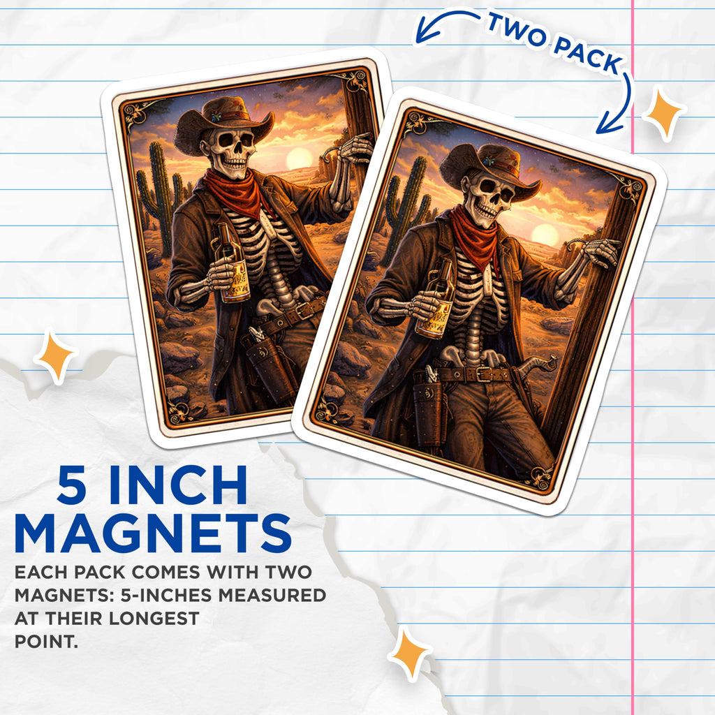 (2 Pack) Skeleton Cowboy Magnets - Western Skull Art - Sunset Desert Decor Magnets - 5" On Longest Side - Premium Magnet - for Cars, Refrigerators, Toolboxes, Lockers - Made in USA - MAG15231