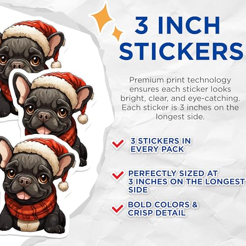 (3 Pack) Christmas Bulldog Decals - Holiday Dog Decal - Cute Puppy Decals - 3 Inches On Longest Side - Easy Peel & Apply - Made in USA - 3MCS2711