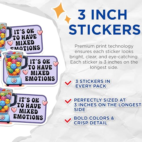 (3 Pack) Mixed Emotions Decals - It's Okay to Feel - Emoticon Blender Sticker - 3 Inches On Longest Side - Easy Peel & Apply - Made in USA - 3MCS2031