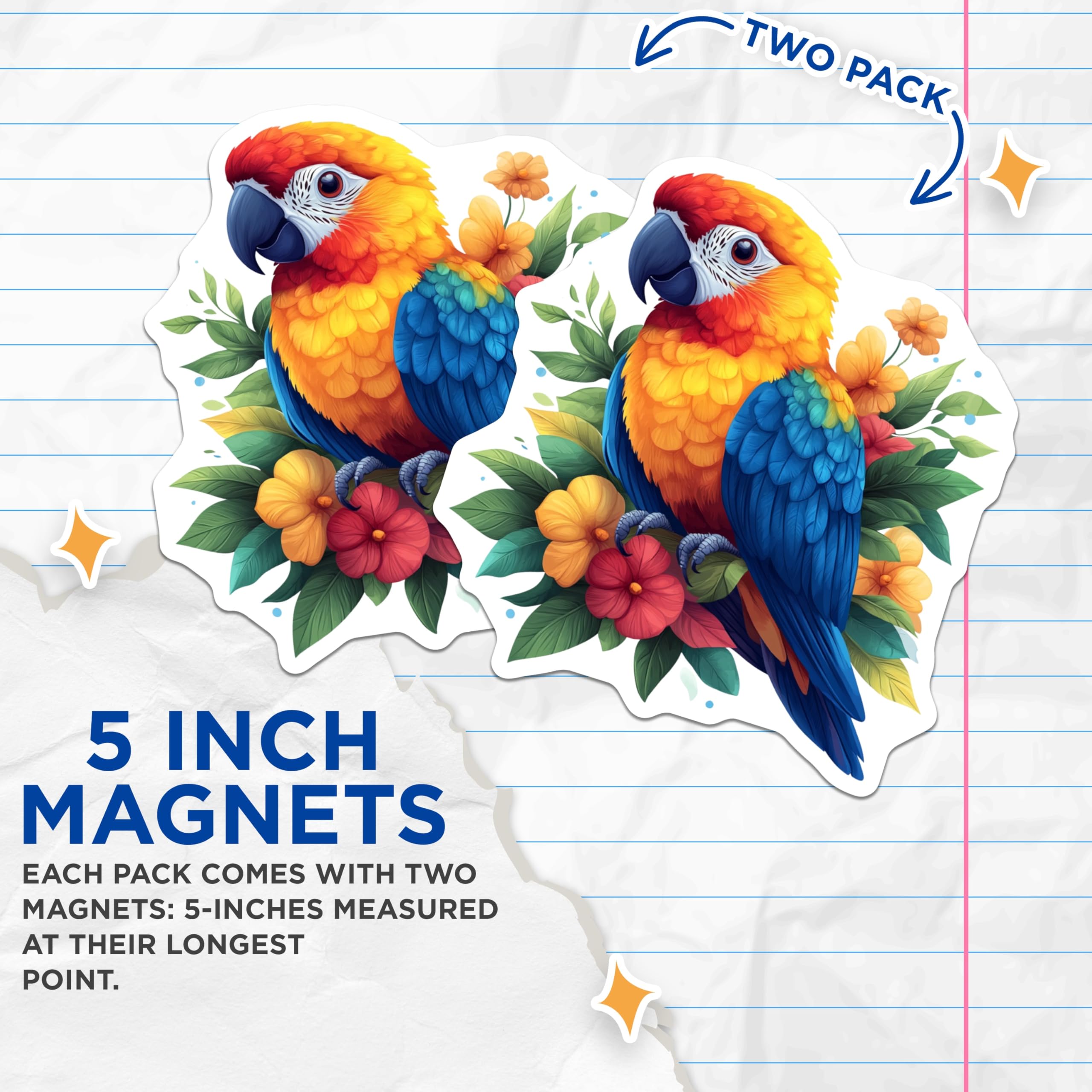 (2 Pack) Tropical Macaw Parrot Magnets - Vibrant Jungle Bird Decor - Exotic Flower Kitchen Accessories - 5 Inches On Longest Side - Thick Durable Magnet - Made in USA - MAG29418