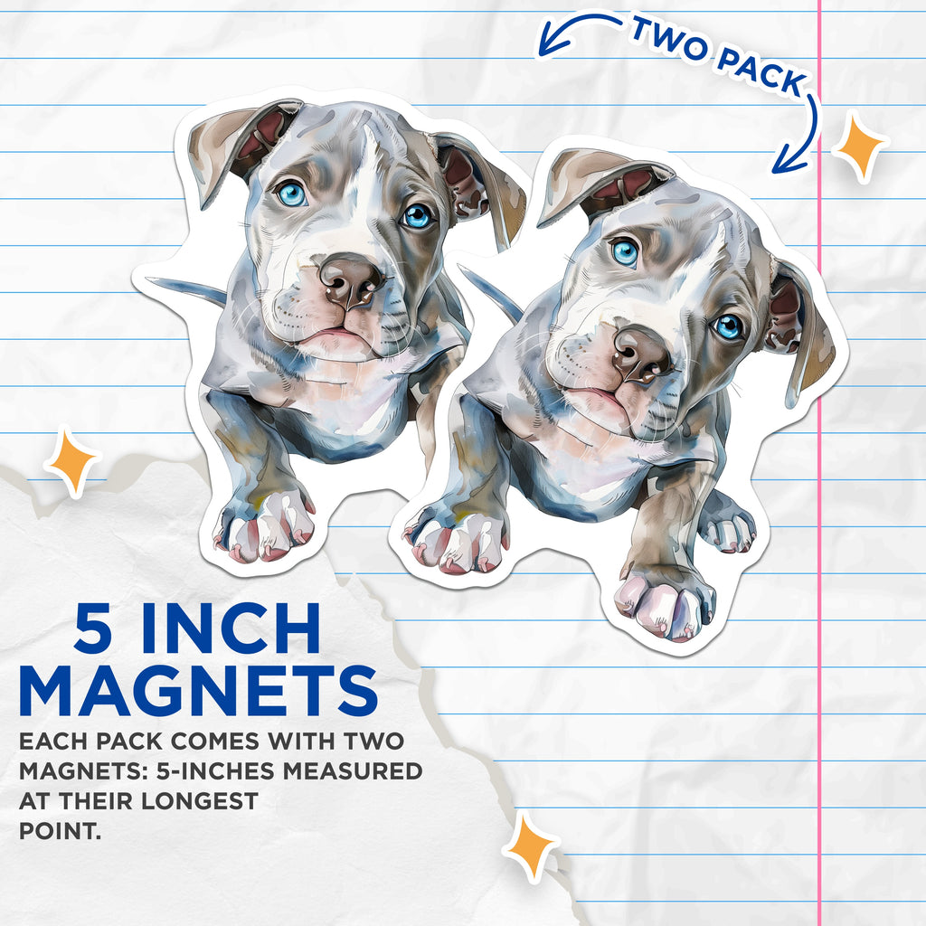 (2 Pack) Pitbull Puppy Magnets - Watercolor Dog Art - Blue Eyed Canine Decor - Dog Mom Fridge Accent - 5 Inches On Longest Side - Thick Durable Magnet - Made in USA - MAG36032