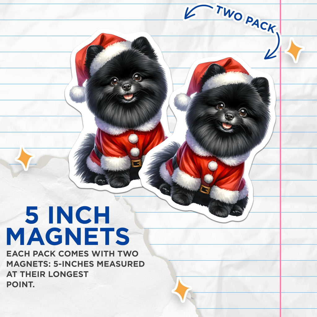 (2 Pack) Black Pomeranian Christmas Magnets - Santa Dog Holiday - Pet Lover Refrigerator Decor - 5 Inches On Longest Side - Thick Durable Magnet - Made in USA - MAG27915