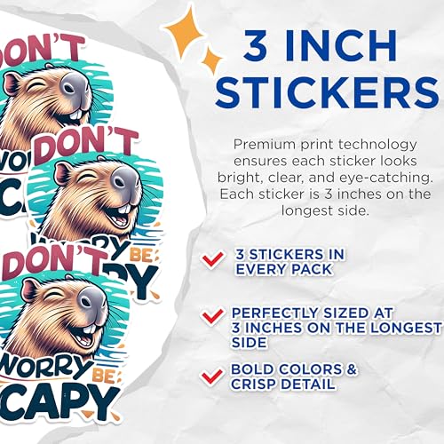 (3 Pack) Capybara Decals - Dont Worry Be Capy - Laptop Decals - 3 Inches On Longest Side - Easy Peel & Apply - Made in USA - 3MCS1496