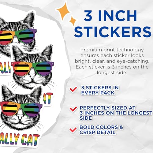 (3 Pack) Pride Ally Cat Decals - LGBTQ Cat Lover Stickers - Laptop Water Bottle Decal - 3 Inches On Longest Side - Easy Peel & Apply - Made in USA - 3MCS8311