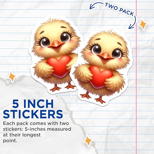 (2 Pack) Cute Chick Stickers - Adorable Bird Stickers - Heart Love Stickers for Laptops - 5" On Longest Side - Sticks to Smooth Flat Surfaces - Made in USA - BMCS3664