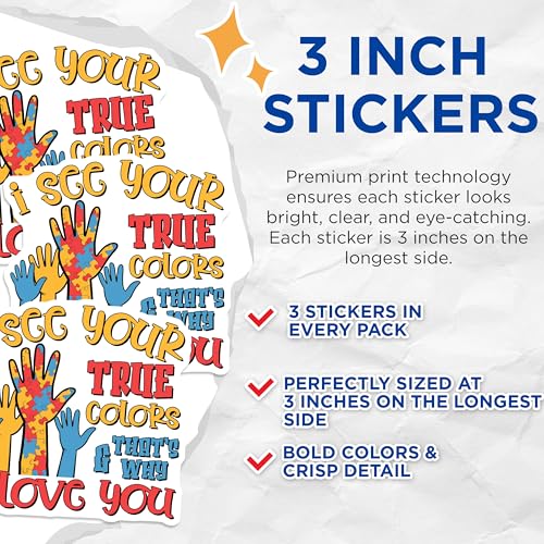 (3 Pack) Autism Awareness Decals - True Colors Puzzle - Laptop Decal - 3 Inches On Longest Side - Easy Peel & Apply - Made in USA - 3MCS8465