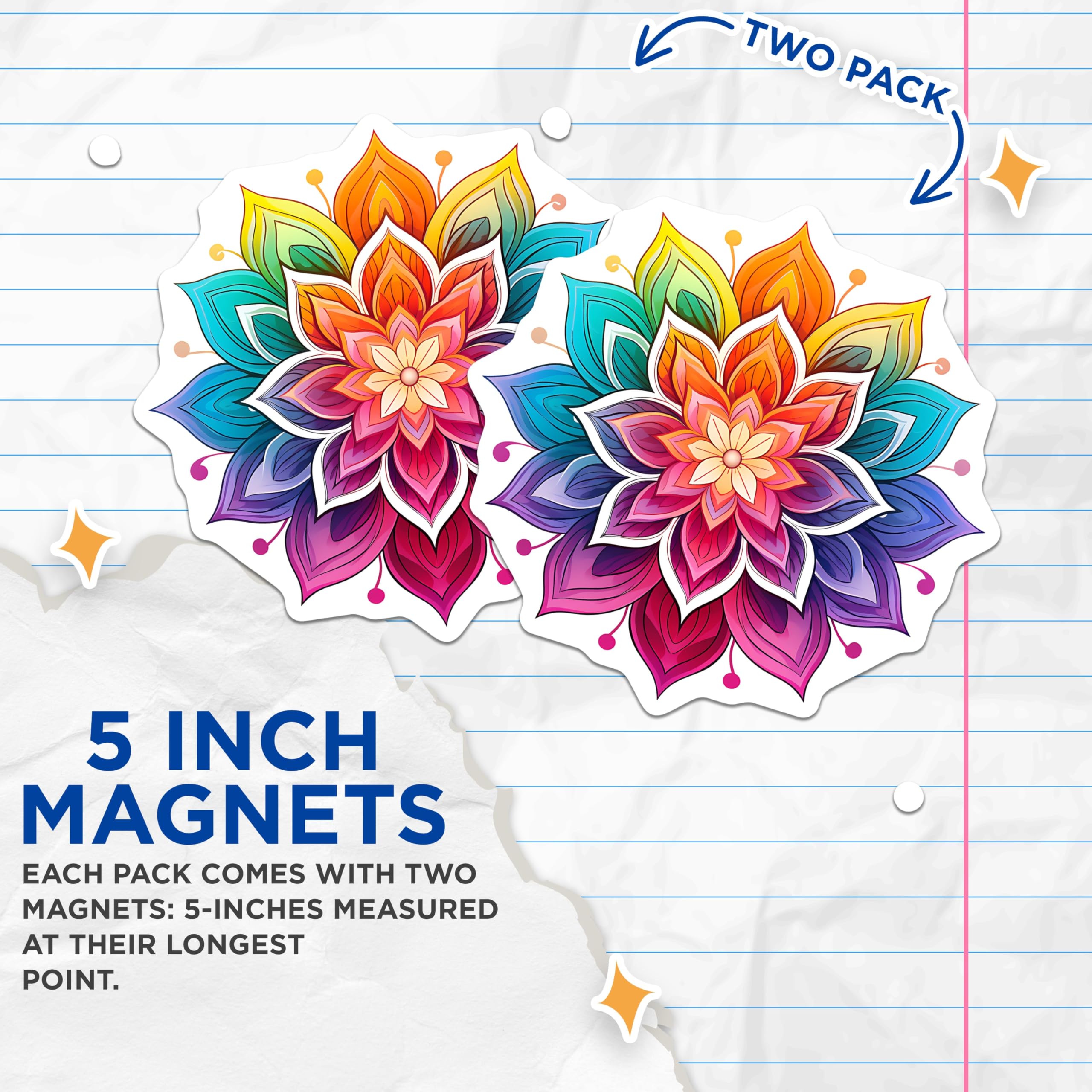 (2 Pack) Rainbow Mandala Magnets - Vibrant Floral Meditation Art - Spiritual Bohemian Decor - Yoga Inspiration - Home Accent - 5 Inches On Longest Side - Thick Durable Magnet - Made in USA - MAG21361