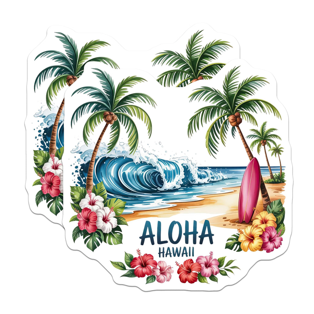 (2 Pack) Aloha Hawaii Magnets - Tropical Beach Ocean Wave Surfboard Palm Tree - Hibiscus Flower Island Scene Decor - 5 Inches On Longest Side - Thick Durable Magnet - Made in USA - MAG19892