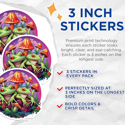 (3 Pack) Frog and Mushroom Decals - Fantasy Toad Stickers - Laptop Decor - 3 Inches On Longest Side - Easy Peel & Apply - Made in USA - 3MCS2843