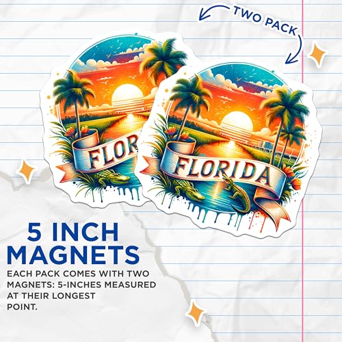 (2 Pack) Florida Sunshine State Magnets - Beach Sunset - Palm Tree Decor - 5" On Longest Side - for Cars, Fridges, Toolboxes - Made in USA - MAG6738
