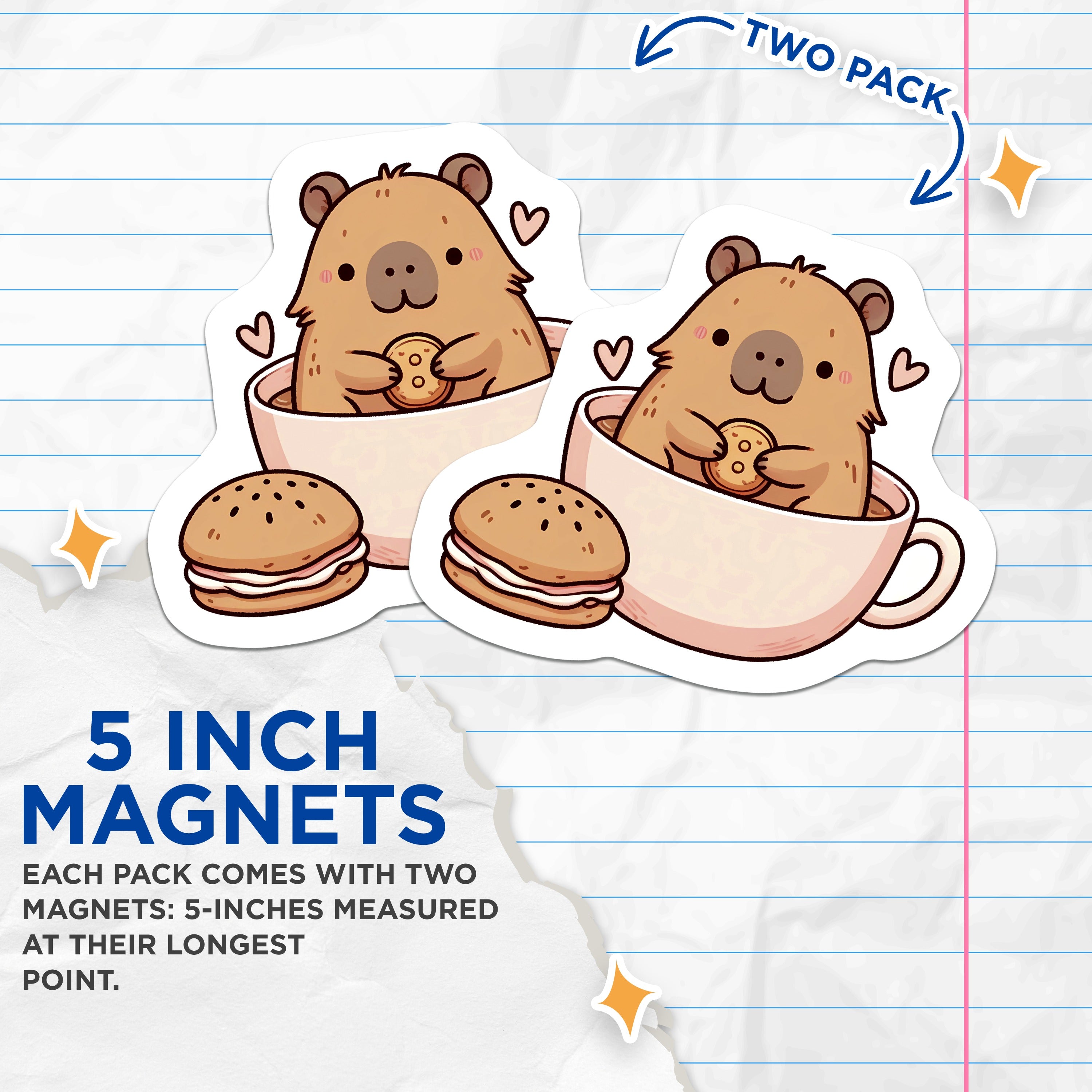 (2 Pack) Cute Capybara Magnets - Coffee Mug Cozy Animal Aesthetic - Kawaii Fridge Kitchen Locker Decor - 5 Inches On Longest Side - Thick Durable Magnet - Made in USA - MAG39583