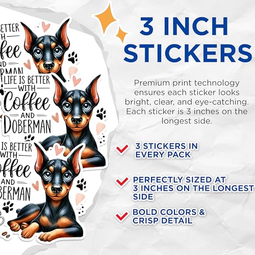 (3 Pack) Doberman Coffee Decals - Dog Lover Decal - Laptop Decal - 3 Inches On Longest Side - Easy Peel & Apply - Made in USA - 3MCS1250
