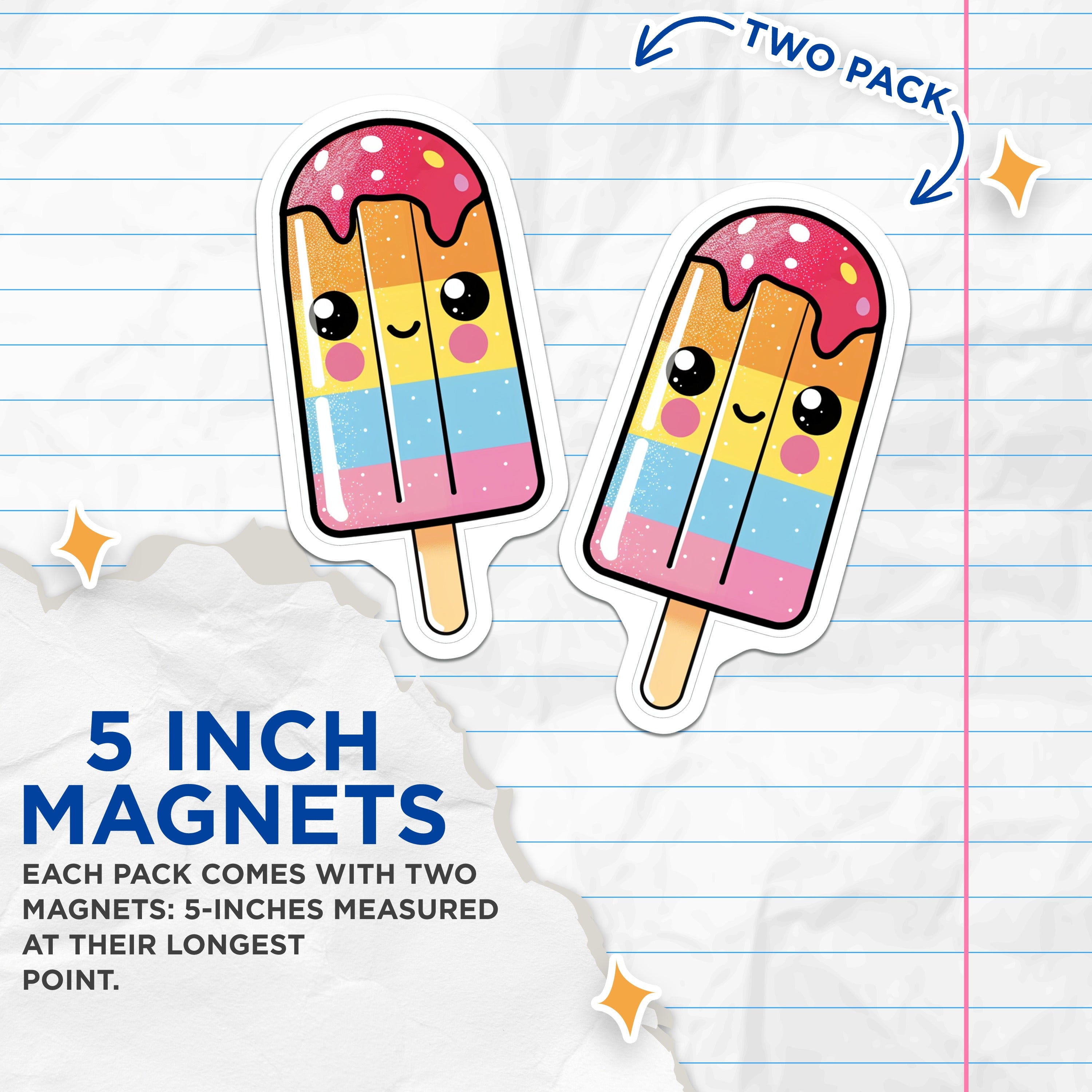 (2 Pack) Kawaii Popsicle Magnets - Cute Rainbow Ice Pop - Summer Fridge Locker Decor - Sweet Treat Aesthetic - 5 Inches On Longest Side - Thick Durable Magnet - Made in USA - MAG39944