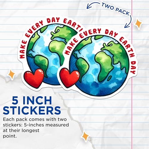 (2 Pack) Make Every Day Earth Day Stickers - Eco Friendly Stickers - Planet Earth Stickers - 5" On Longest Side - Sticks to Smooth Flat Surfaces - Made in USA - BMCS9753
