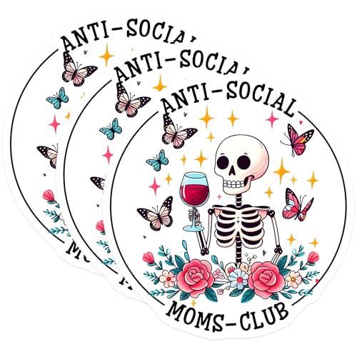 (3 Pack) Anti Social Moms Club Decals - Wine Skeleton - Funny Mom Decals - 3 Inches On Longest Side - Easy Peel & Apply - Made in USA - 3MCS8537