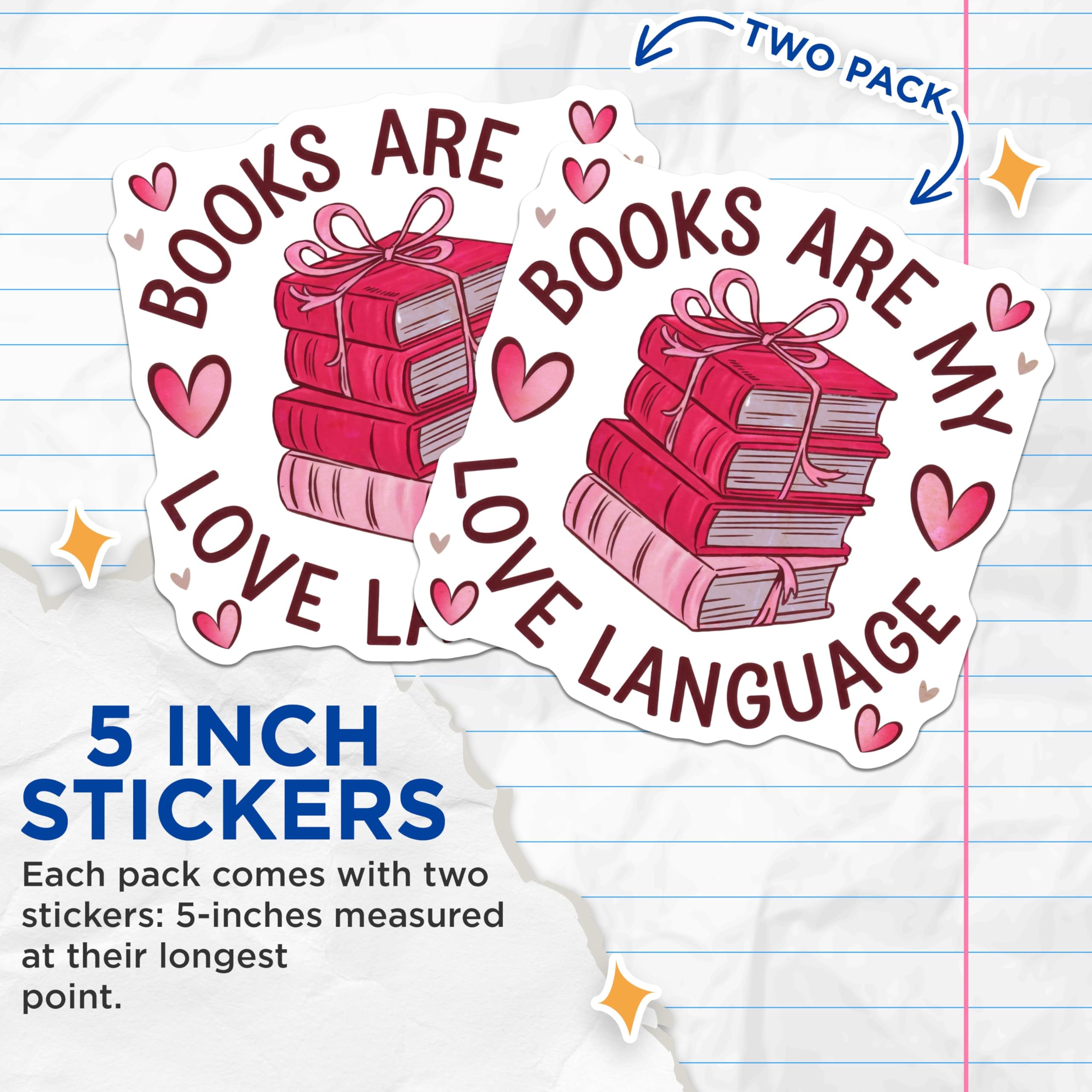 (2 Pack) Books are My Love Language Stickers - Cute Book Lovers Stickers - Literary Quote Decals - 5" On Longest Side - Sticks to Smooth Flat Surfaces - Made in USA - BMCS4852