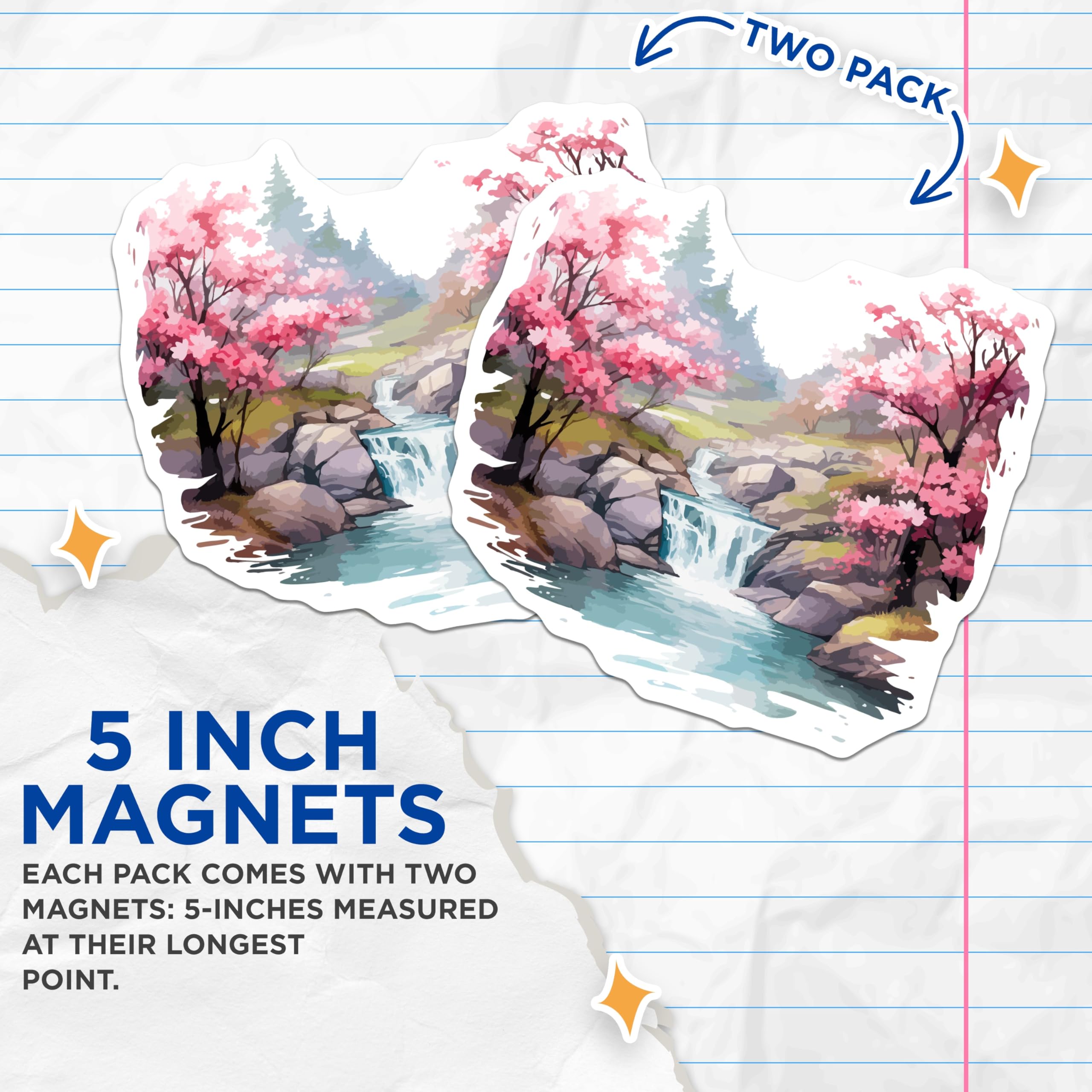 (2 Pack) Cherry Blossom Waterfall Magnets - Serene Nature Landscape - Japanese Spring Scene - 5 Inches On Longest Side - Thick Durable Magnet - Made in USA - MAG20149