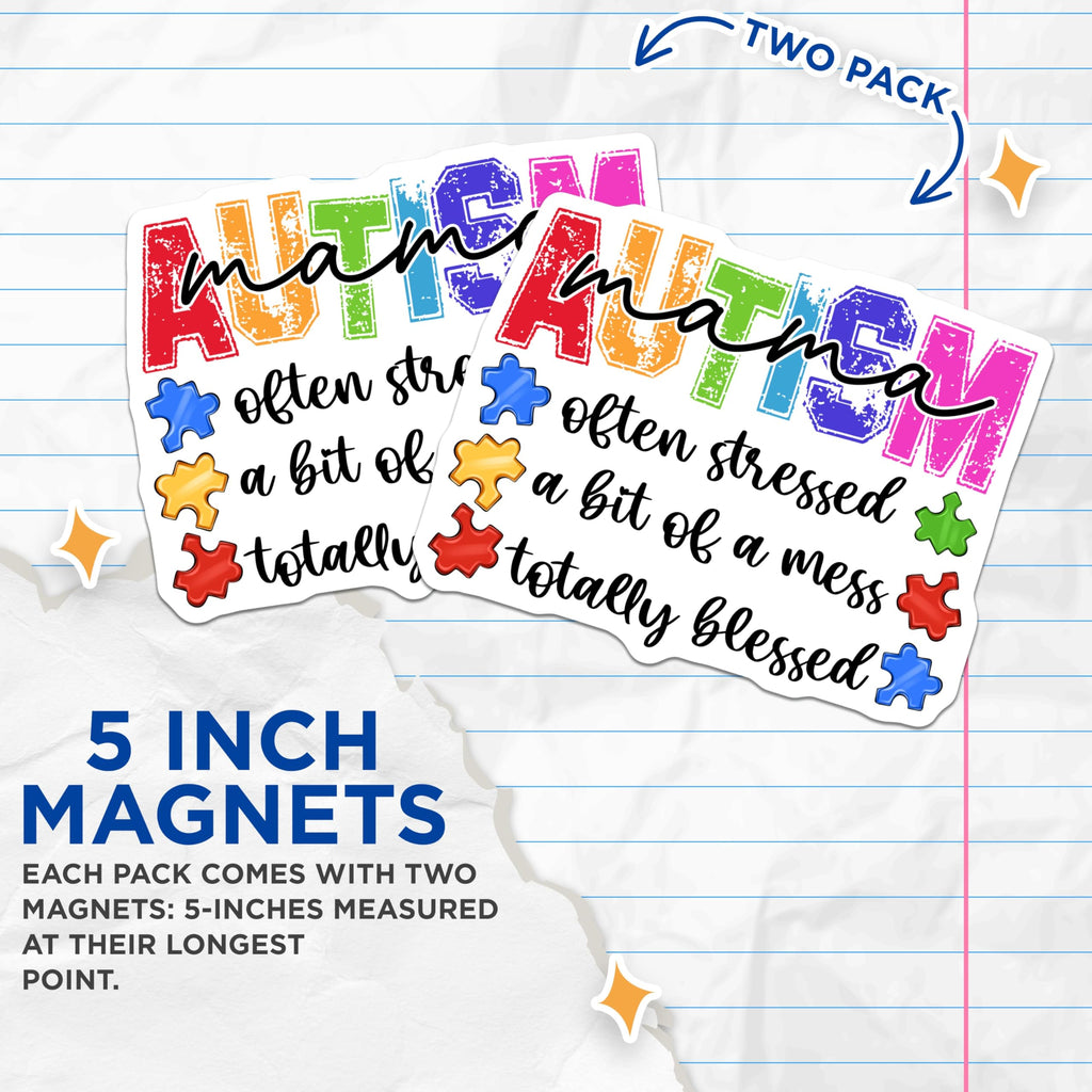 (2 Pack) Autism Mama Magnets - Awareness Puzzle Piece Decor - Special Needs Mom Appreciation - Totally Blessed - 5 Inches On Longest Side - Thick Durable Magnet - Made in USA - MAG23752