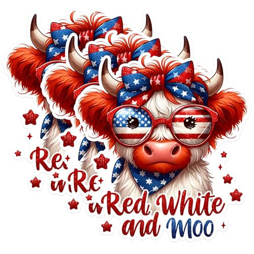 (3 Pack) Highland Cow Decals - Patriotic Cow - 4th of July Stickers - 3 Inches On Longest Side - Easy Peel & Apply - Made in USA - 3MCS1543