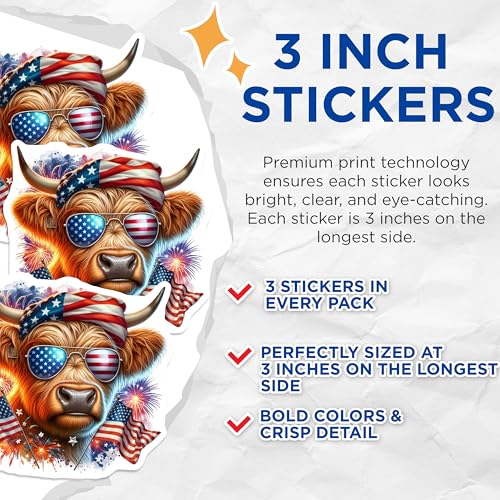 (3 Pack) Patriotic Cow Decals - American Flag - Highland Cow Decal- 3 Inches On Longest Side - Easy Peel & Apply - Made in USA - 3MCS5124