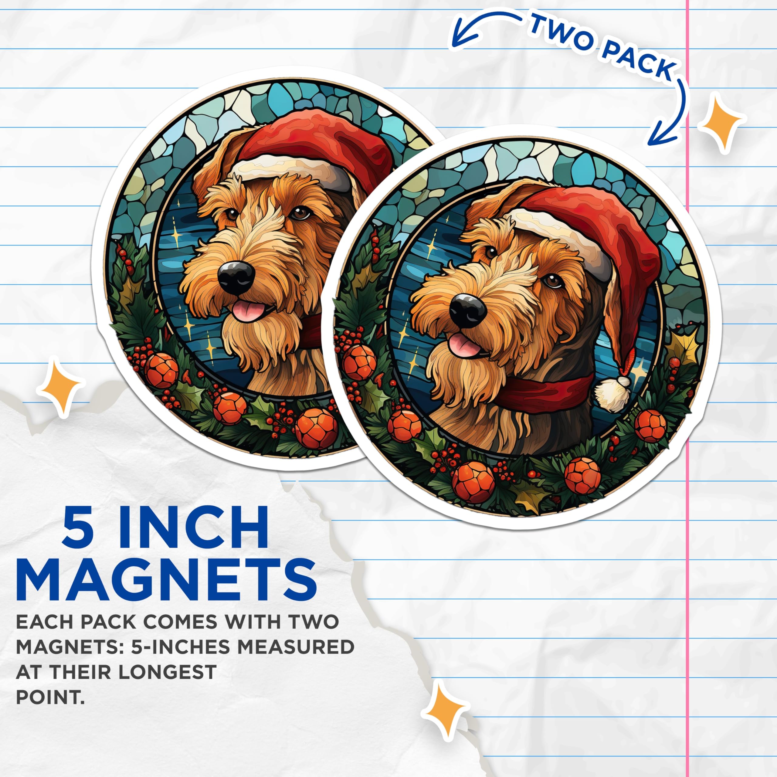 (2 Pack) Christmas Dog Magnets - Airedale Terrier Art - Holiday Pet Decor - Stained Glass Effect Fridge Magnets - 5 Inches On Longest Side - Thick Durable Magnet - Made in USA - MAG28039
