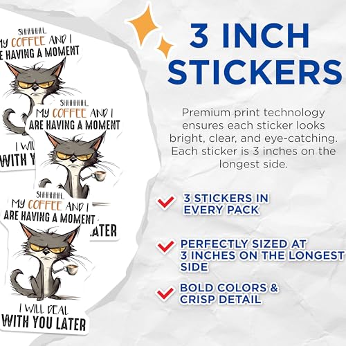 (3 Pack) Cat Coffee Decals - Funny Kitty Quote - Laptop Decal - Grumpy Cat Art - 3 Inches On Longest Side - Easy Peel & Apply - Made in USA - 3MCS6504