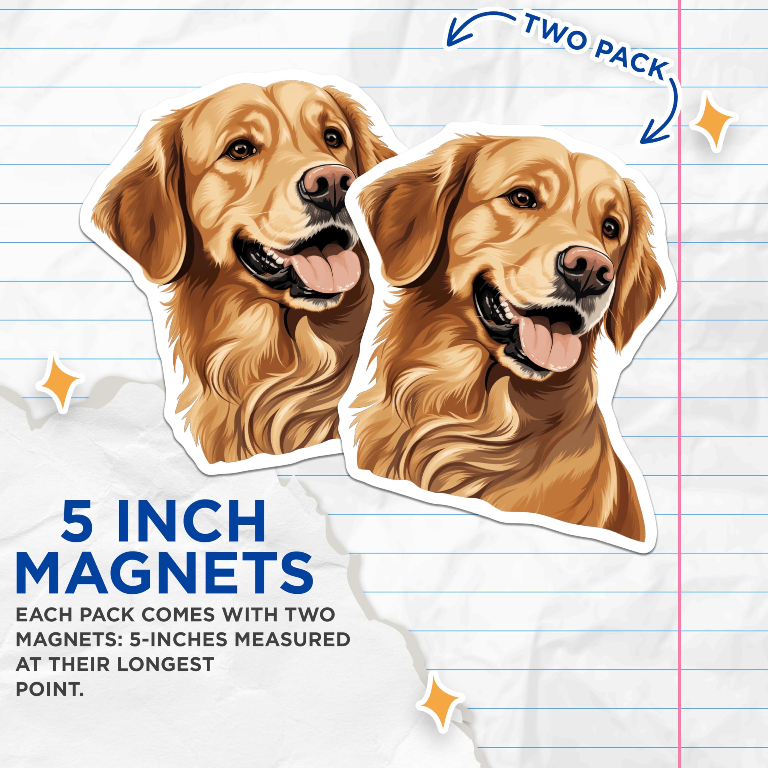 (2 Pack) Golden Retriever Dog Magnets - Friendly Happy Canine Art - Pet Lover Refrigerator Decor - Animal Breed Collectibles - 5 Inches On Longest Side - Thick Durable Magnet - Made in USA - MAG23394
