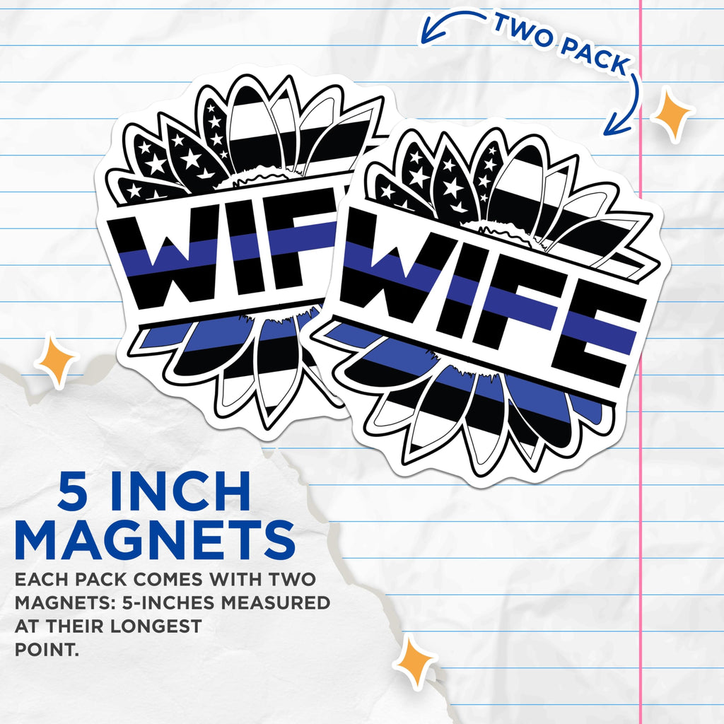(2 Pack) Thin Blue Line Wife Magnets - Police Leo Spouse Support - American Flag Sunflower Decor - 5 Inches On Longest Side - Thick Durable Magnet - Made in USA - MAG20307