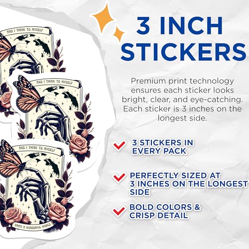 (3 Pack) Wonderful World Decals - Floral Skeleton Hand - Butterfly Laptop Decals - 3 Inches On Longest Side - Easy Peel & Apply - Made in USA - 3MCS1074