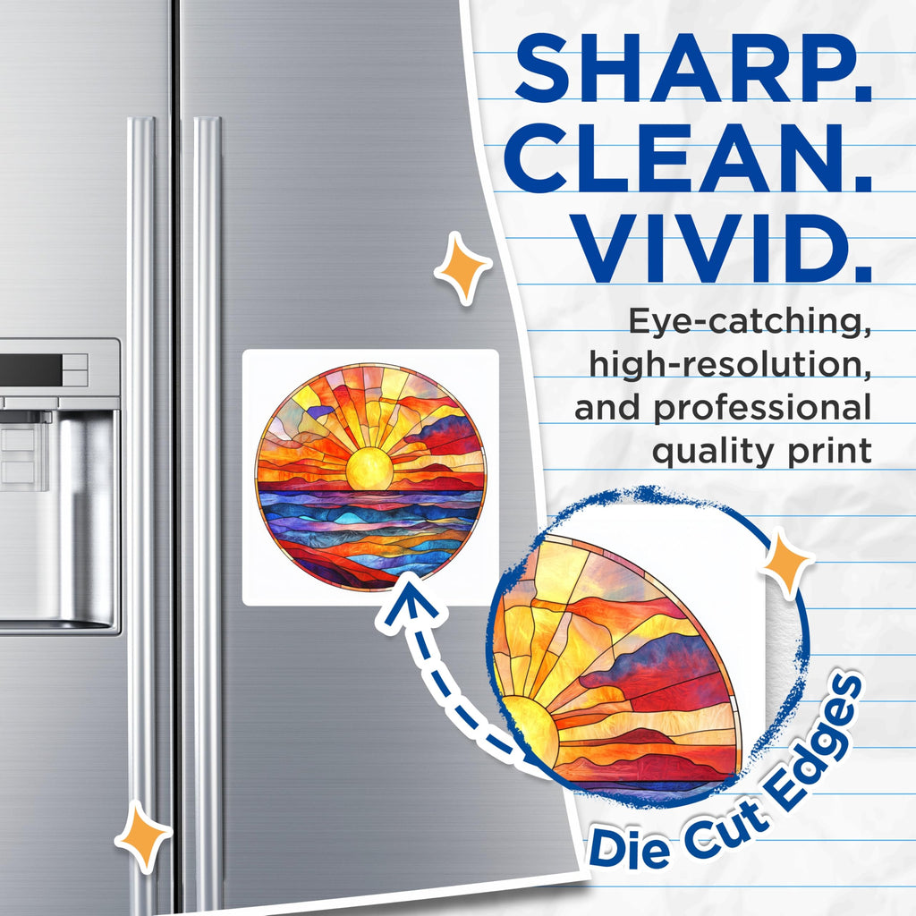 (2 Pack) Stained Glass Sunset Magnets - Ocean Horizon Art - Vibrant Sunrise - Coastal Home Decor - 5 Inches On Longest Side - Thick Durable Magnet - Made in USA - MAG29426