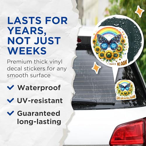 (2 Pack) Live Life in Full Bloom Stickers - Butterfly Sunflower Rainbow Stickers - Inspirational Quote Stickers - 5" On Longest Side - Sticks to Smooth Flat Surfaces - Made in USA - BMCS9745