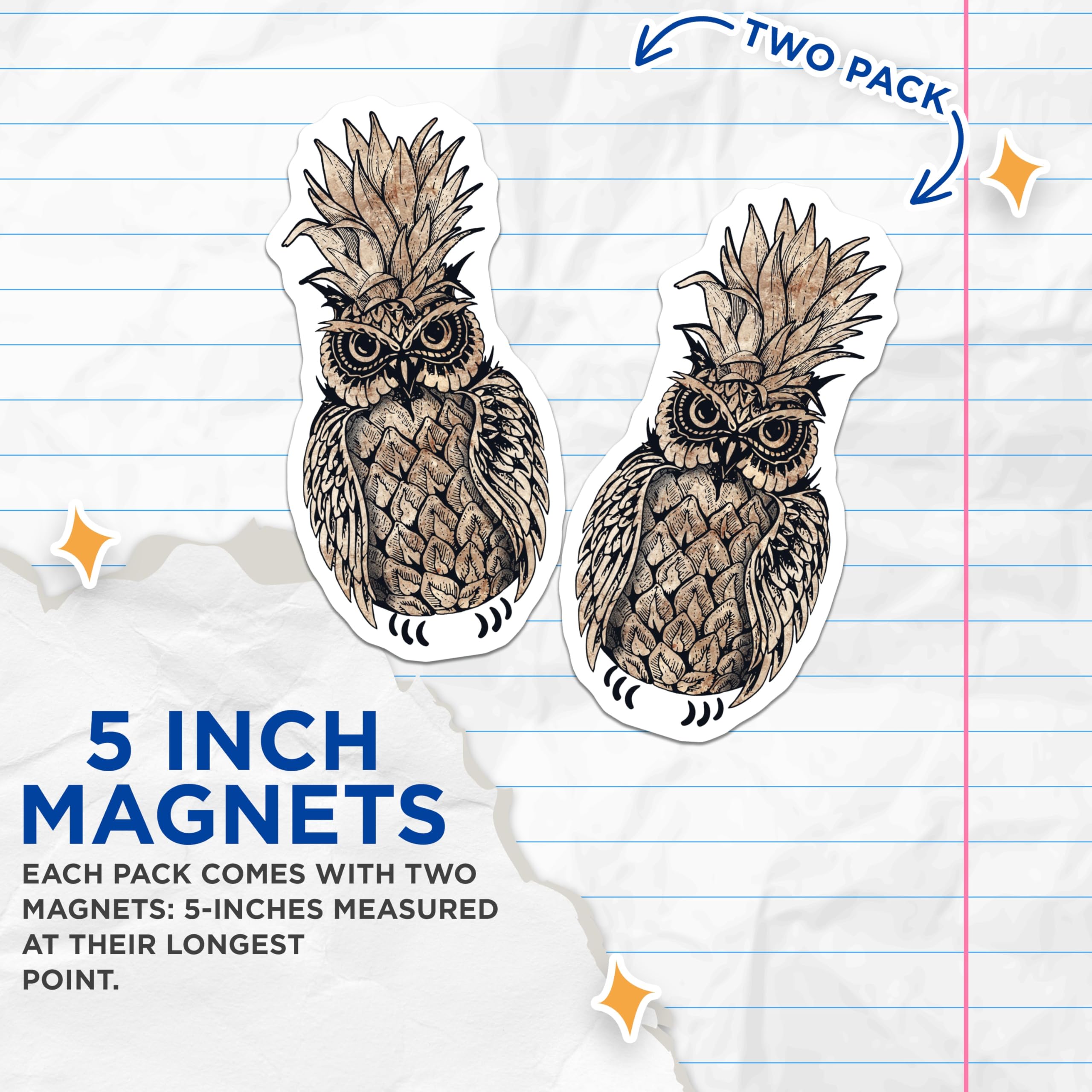(2 Pack) Pineapple Owl Magnets - Whimsical Fridge Decor - Quirky Kitchen Magnets - 5" On Longest Side - Premium Magnet - for Cars, Refrigerators, Toolboxes, Lockers - Made in USA - MAG16940