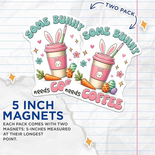 (2 Pack) Bunny Coffee Magnets - Funny Kitchen Decor - Cute Coffee Art - Easter Party Supplies - Animal Illustration - 5" On Longest Side - for Cars, Fridges, Toolboxes - Made in U