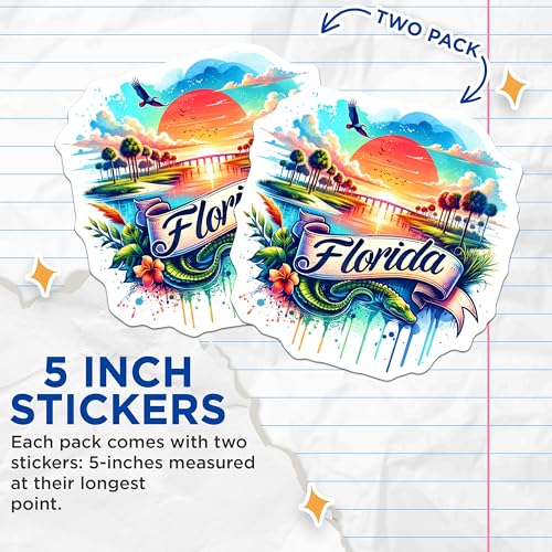 (2 Pack) Florida Sunset Stickers - Nature Landscape - Travel Destination Decals - 5" On Longest Side - Sticks to Smooth Flat Surfaces - Made in USA - BMCS6672