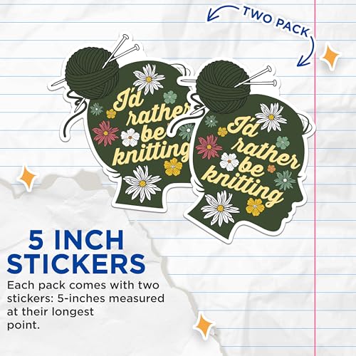 (2 Packs) I'd Rather Be Knitting Stickers - Funny Knitter Flowers Love to Knit Decals - 5 Inches On Longest Side - Premium Vinyl Decal - Sticks to Any Smooth Flat Surface - Made in USA - BMCS2483