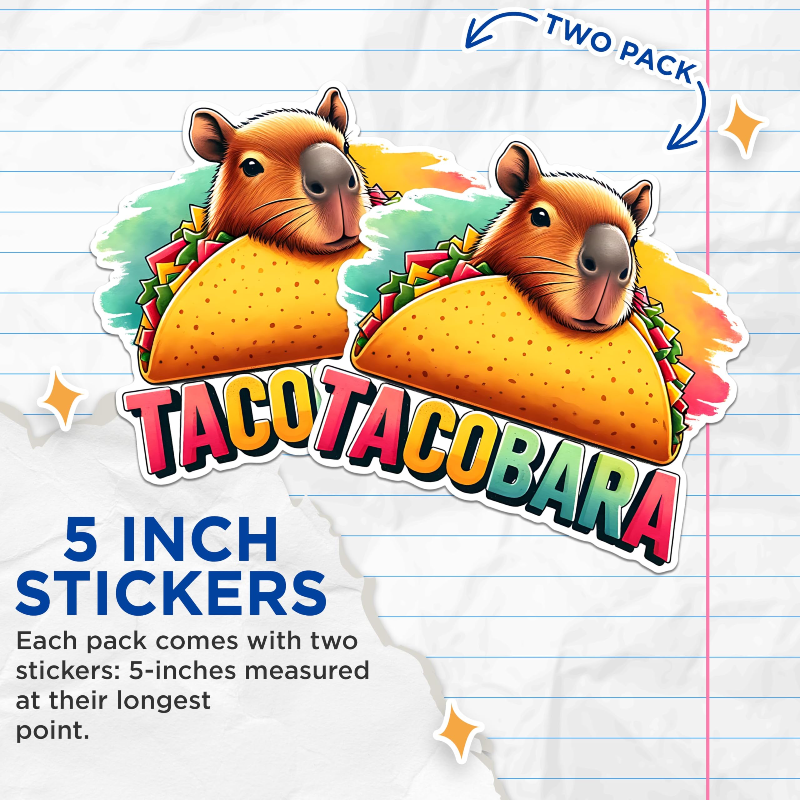 (2 Pack) Tacobara Stickers - Funny Capybara Stickers - Cute Animal Stickers for Water Bottle Laptop Planner - 5" On Longest Side - Sticks to Any Smooth Flat Surface - Made in USA - BMCS2666