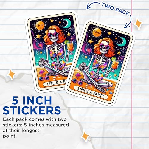 (2 Pack) Life's a Party Stickers - Skeleton Beach Party Stickers - Colorful Summer Fun Stickers - 5" On Longest Side - Sticks to Smooth Flat Surfaces - Made in USA - BMCS5145